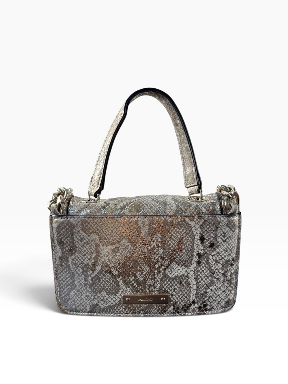 ALDO Metallic Silver Python-Pattern Top-Handle Bag with Chain Trim - Picture 4 of 11